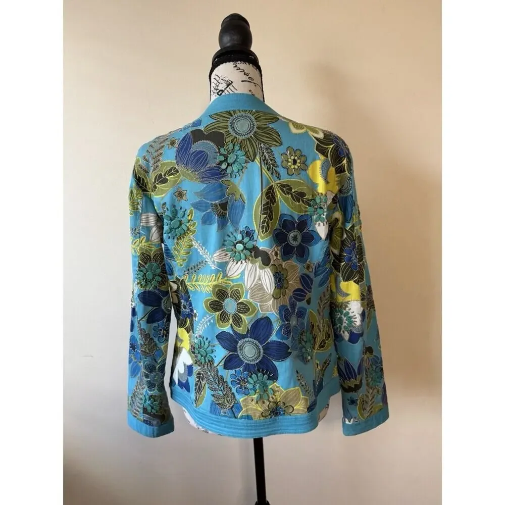 Chico's Blue Floral Open Front Lightweight Jacket Women's Size 0 (US Small)